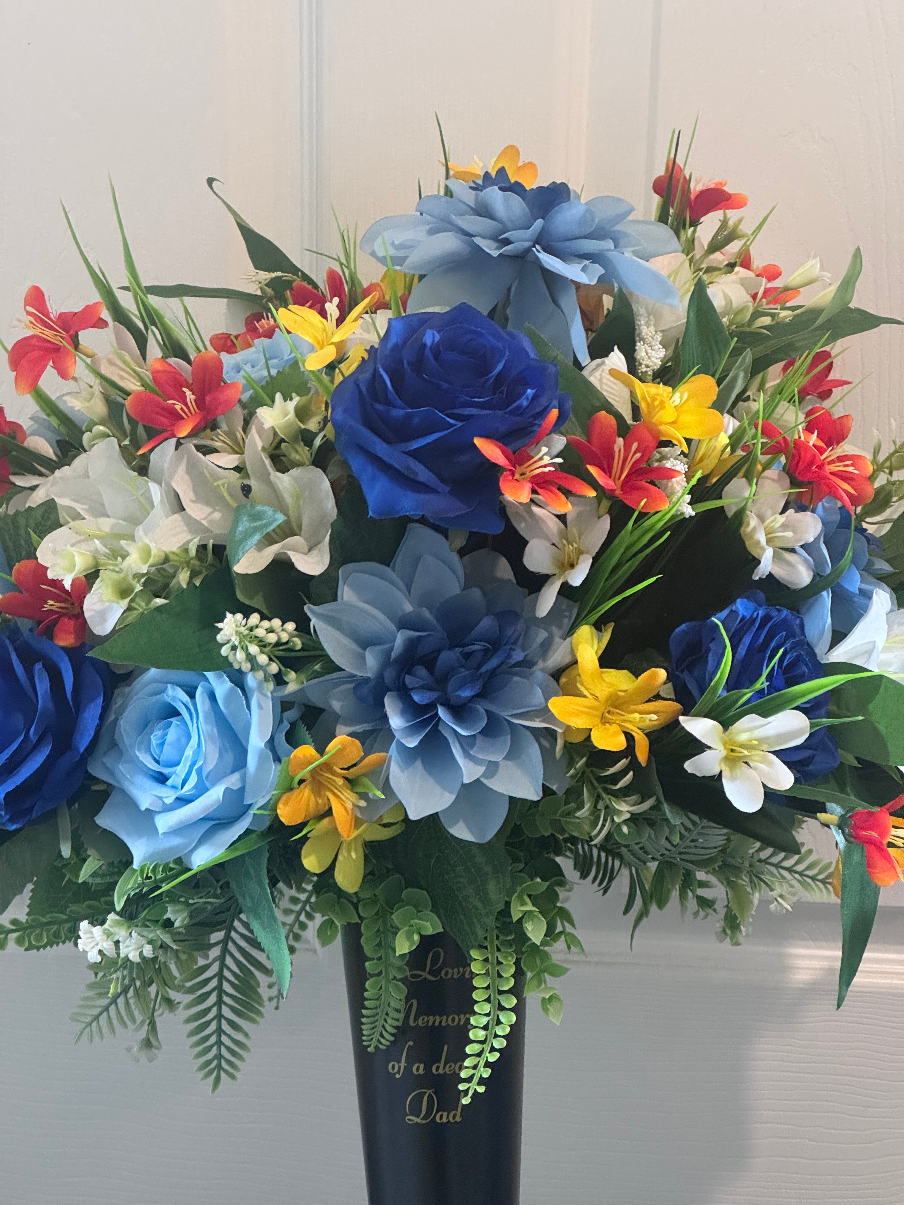 Blue dahlias and rose large grave spike artificial