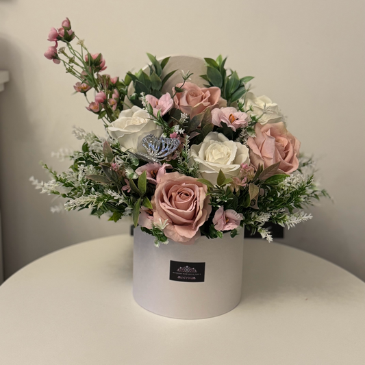 Luxury velvet touch white and vintage pink roses with foliage floral hat box arrangement