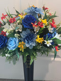 Blue dahlias and rose large grave spike artificial