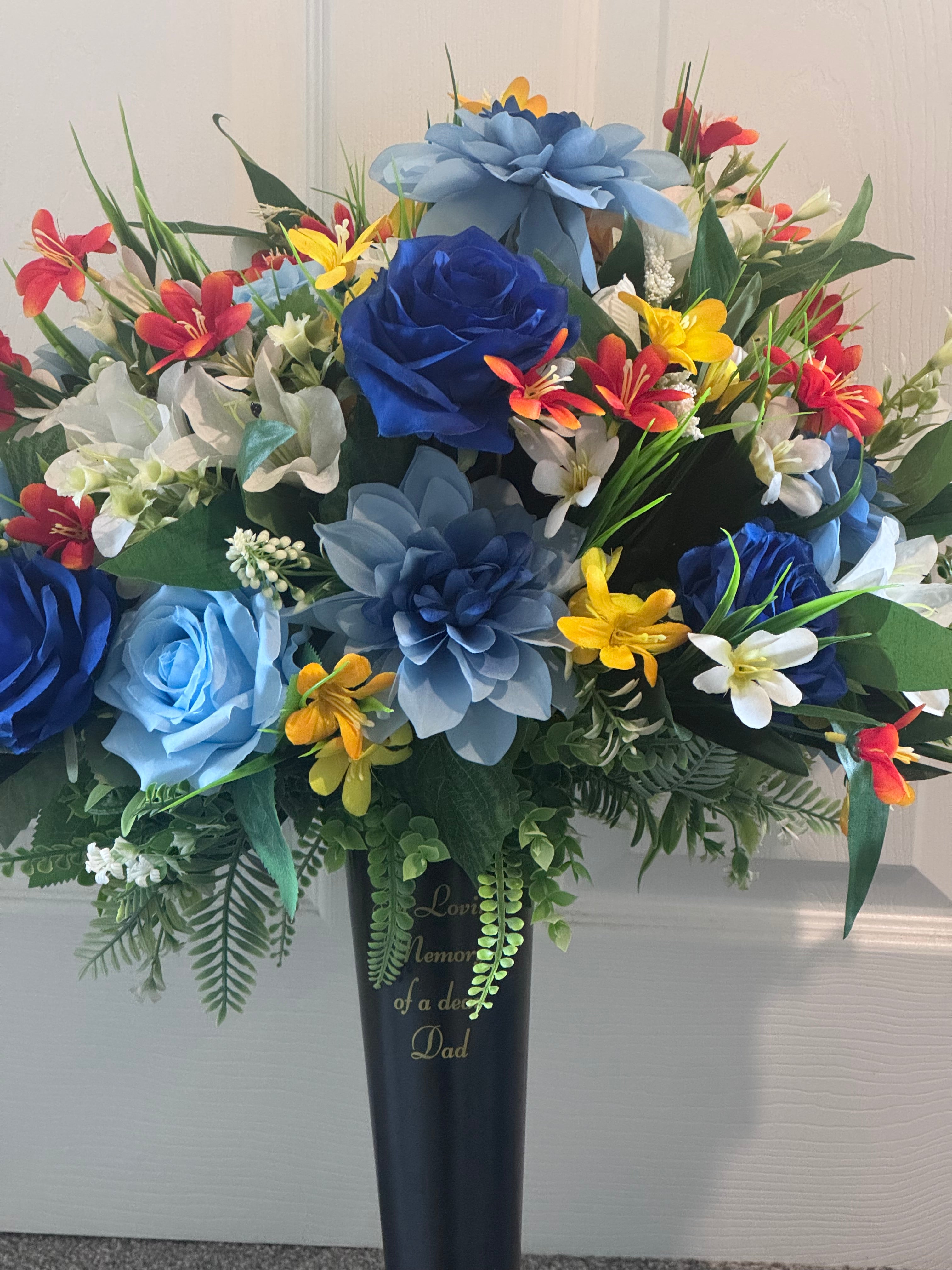 Blue dahlias and rose large grave spike artificial