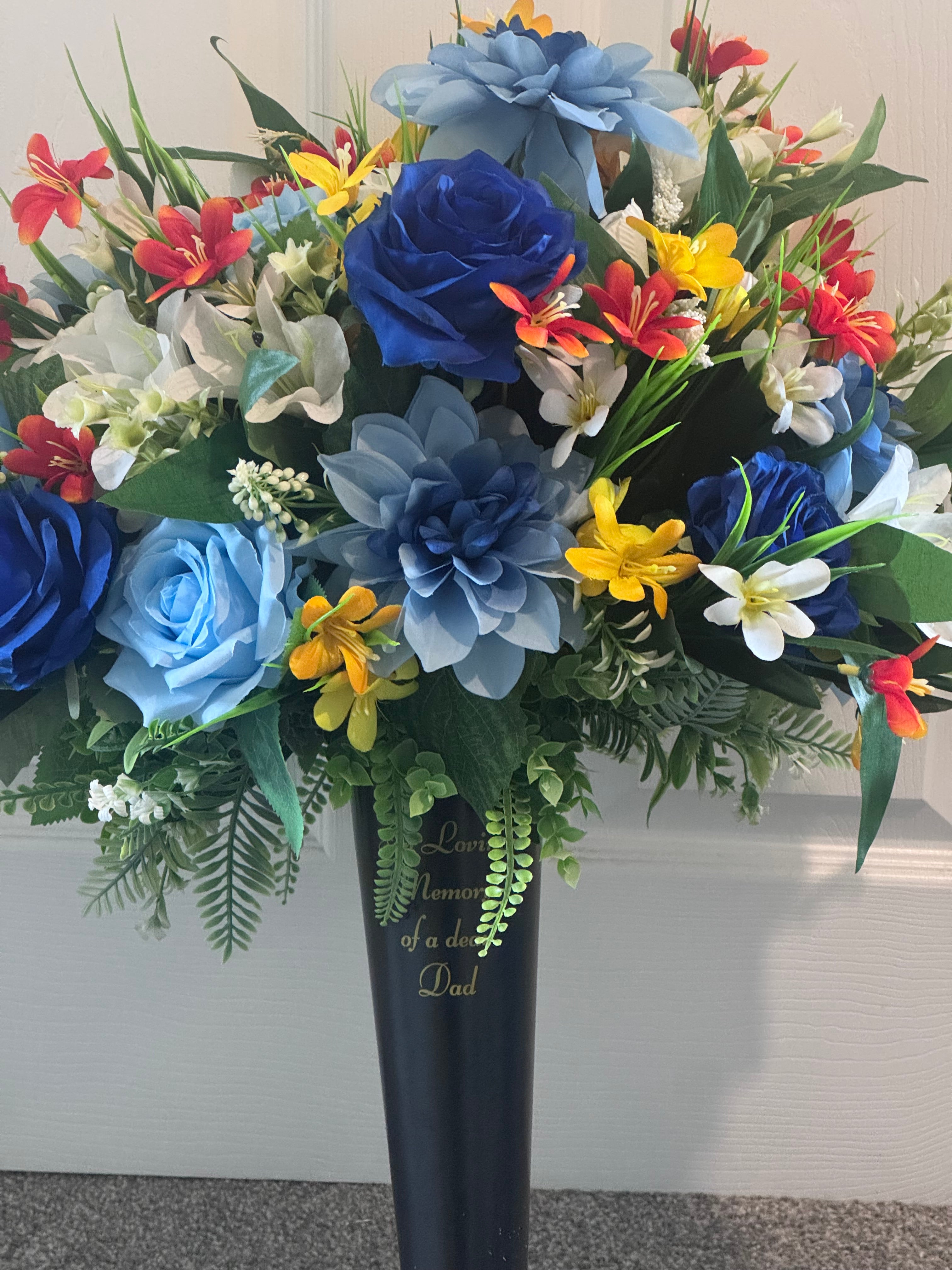 Blue dahlias and rose large grave spike artificial