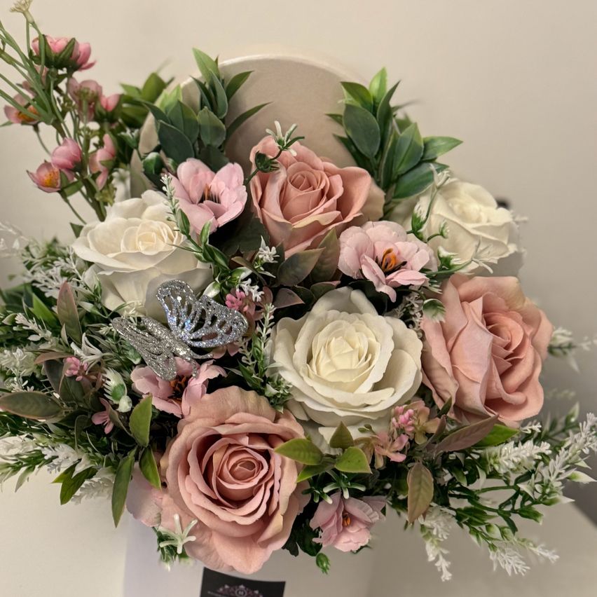 Luxury velvet touch white and vintage pink roses with foliage floral hat box arrangement