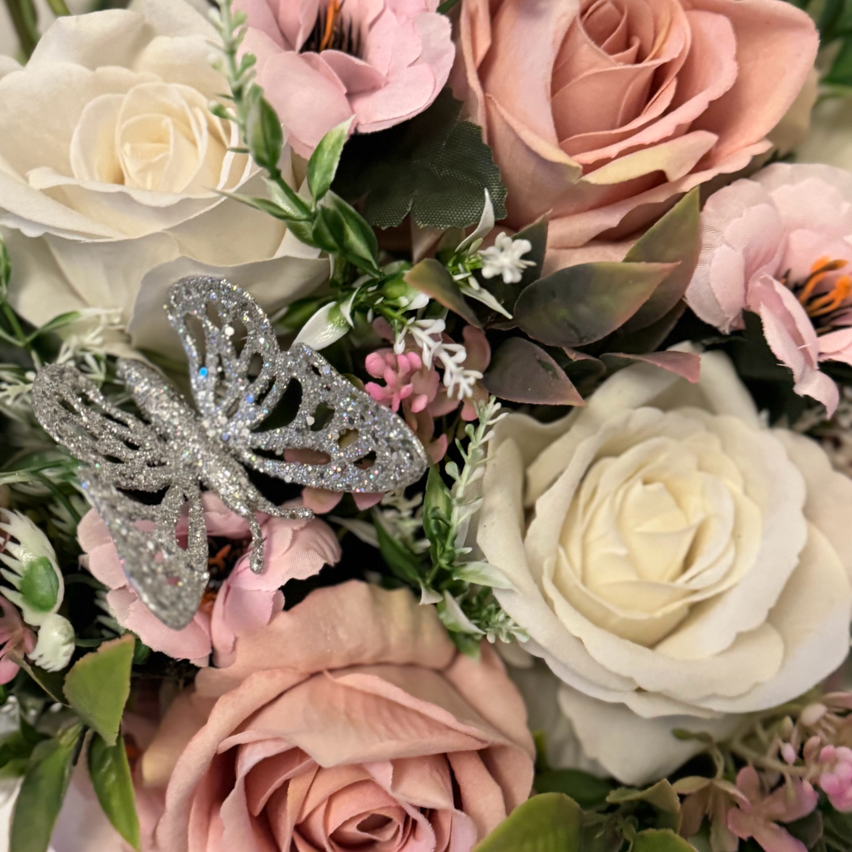 Luxury velvet touch white and vintage pink roses with foliage floral hat box arrangement