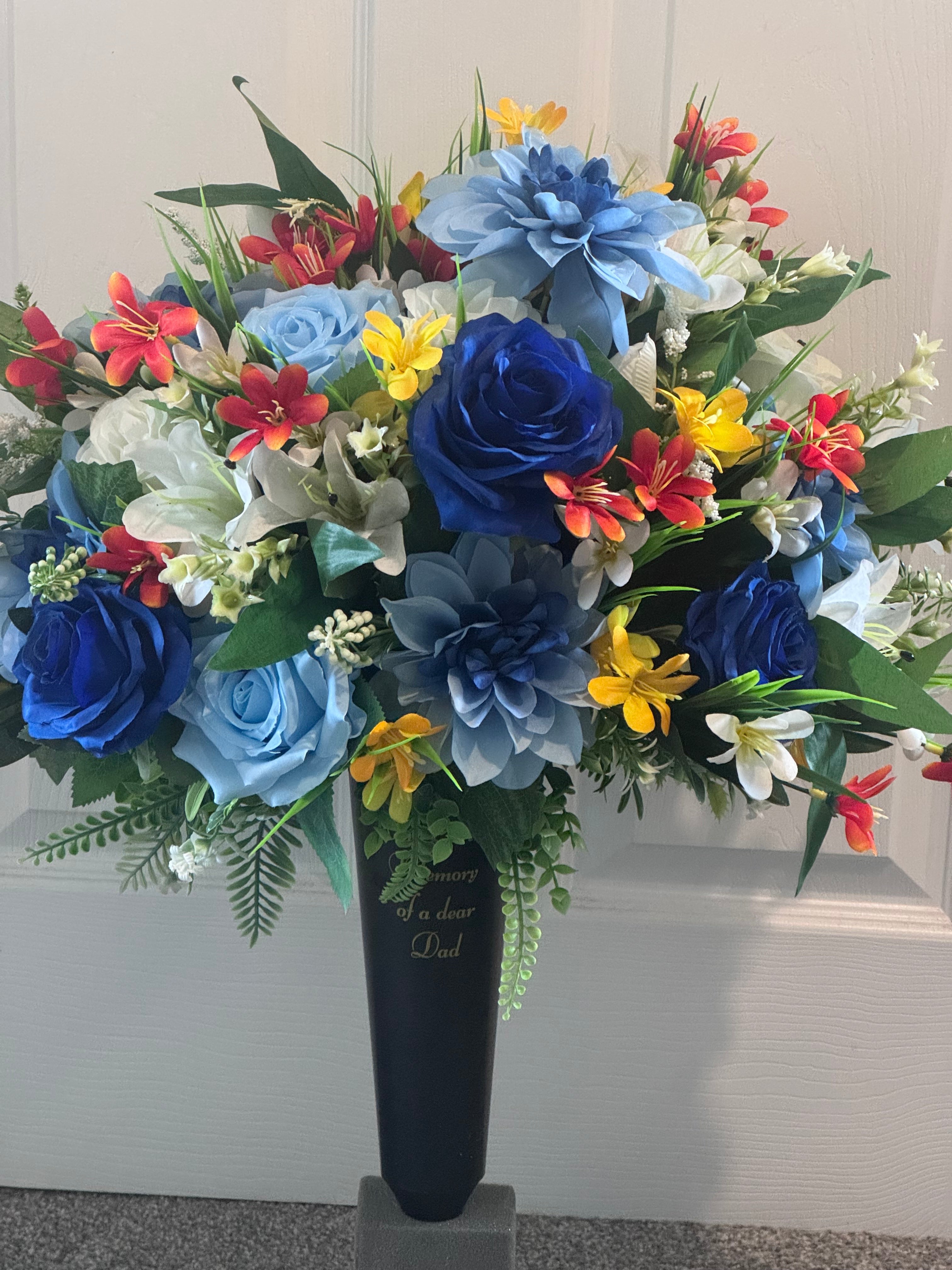 Blue dahlias and rose large grave spike artificial