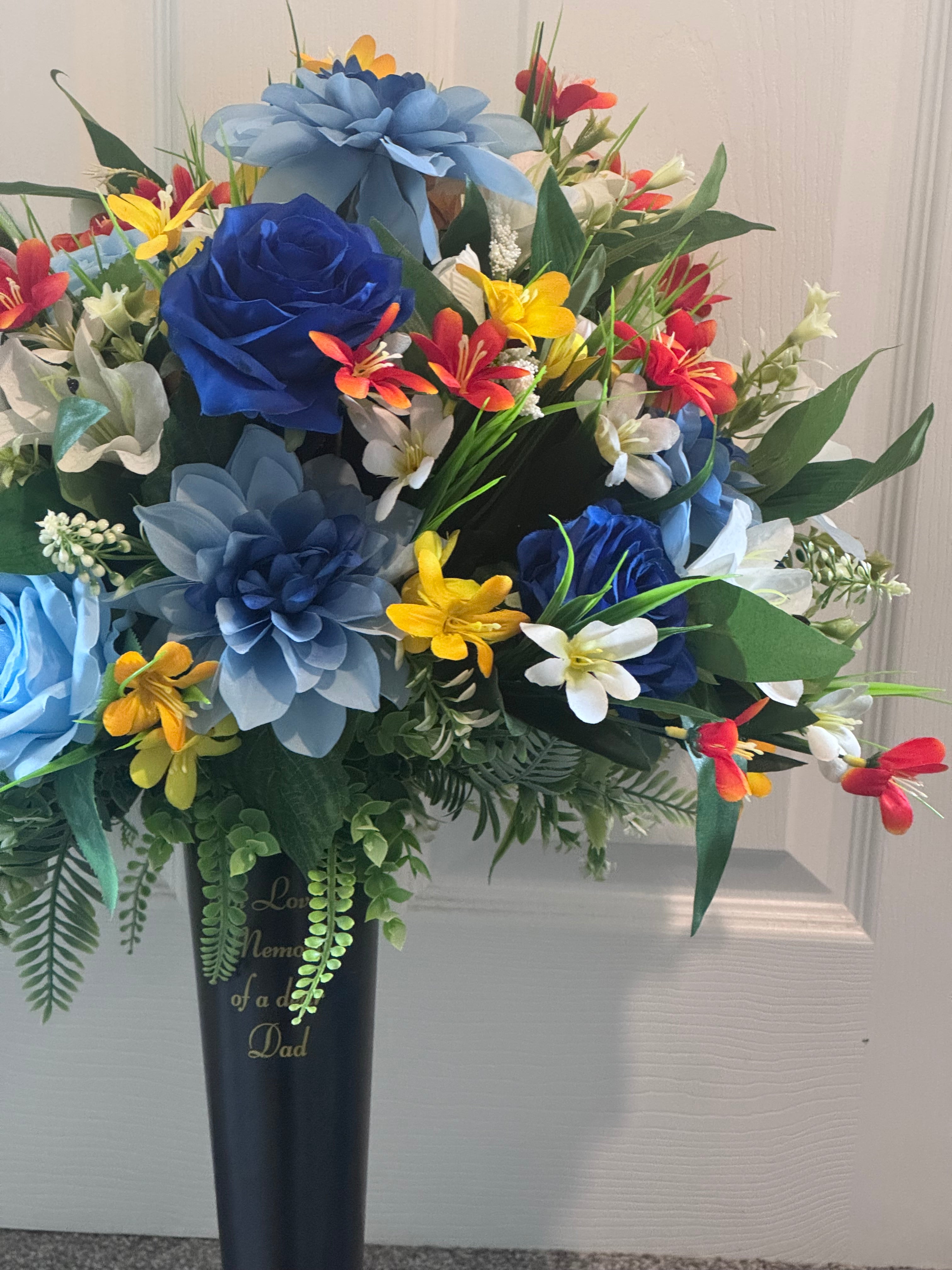 Blue dahlias and rose large grave spike artificial