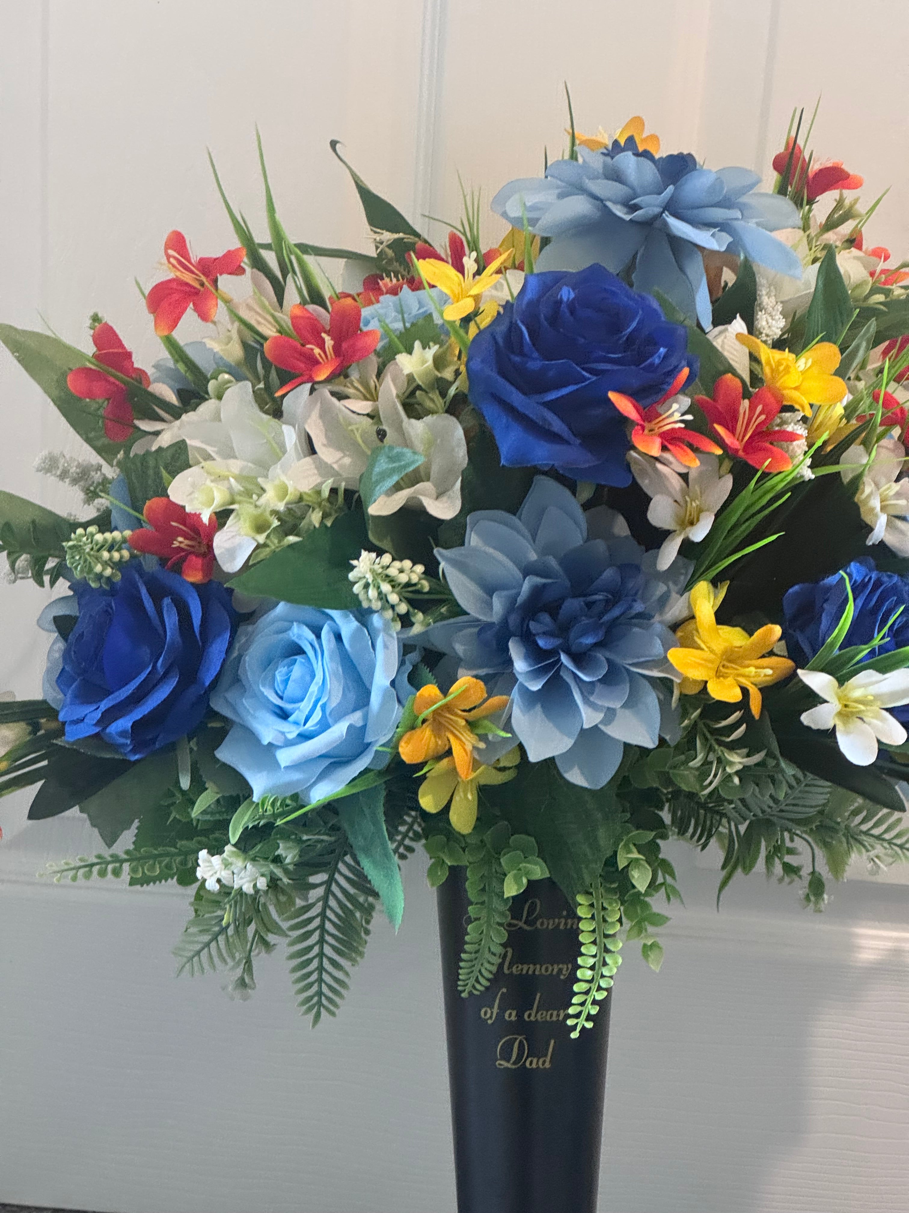 Blue dahlias and rose large grave spike artificial
