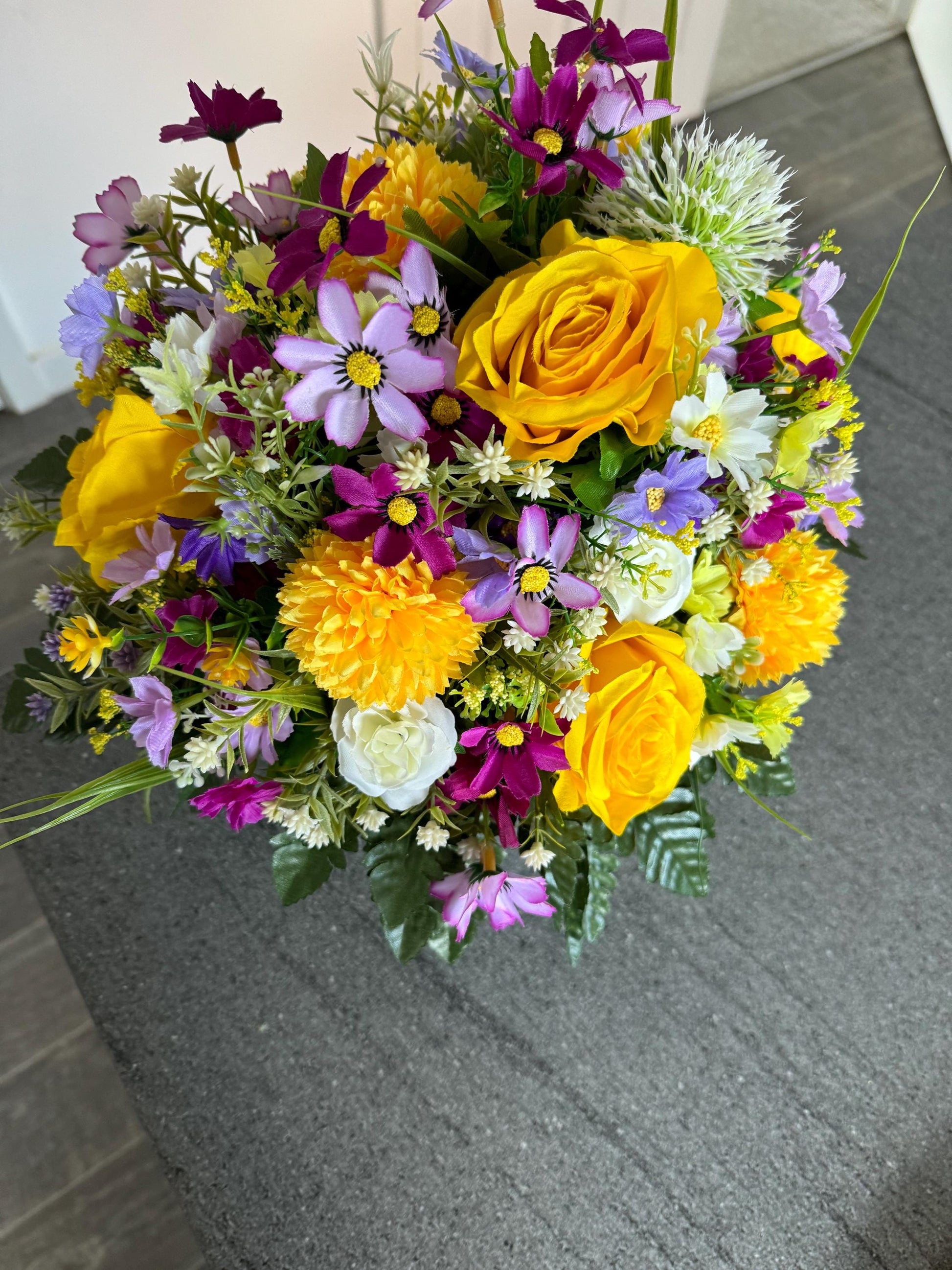 Unique, handmade floral White Lilly hatbox arrangement filled with artificial greenery, flowers and yellow roses.