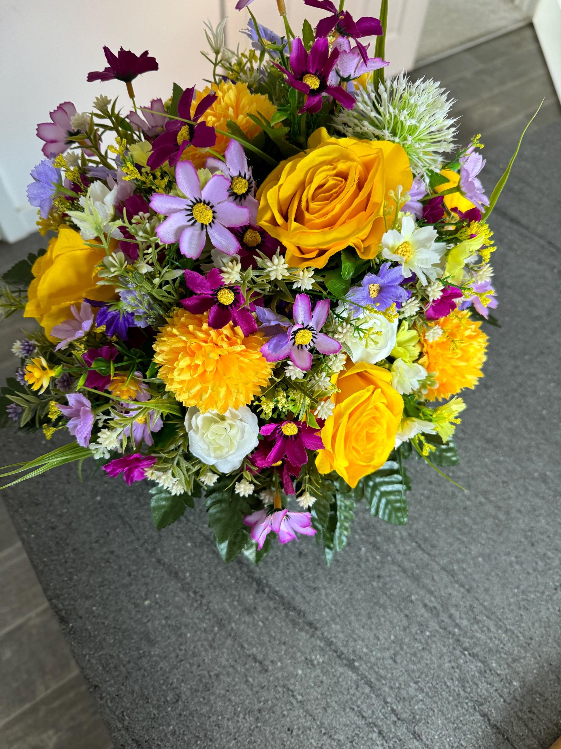 Unique, handmade floral White Lilly hatbox arrangement filled with artificial greenery, flowers and yellow roses.