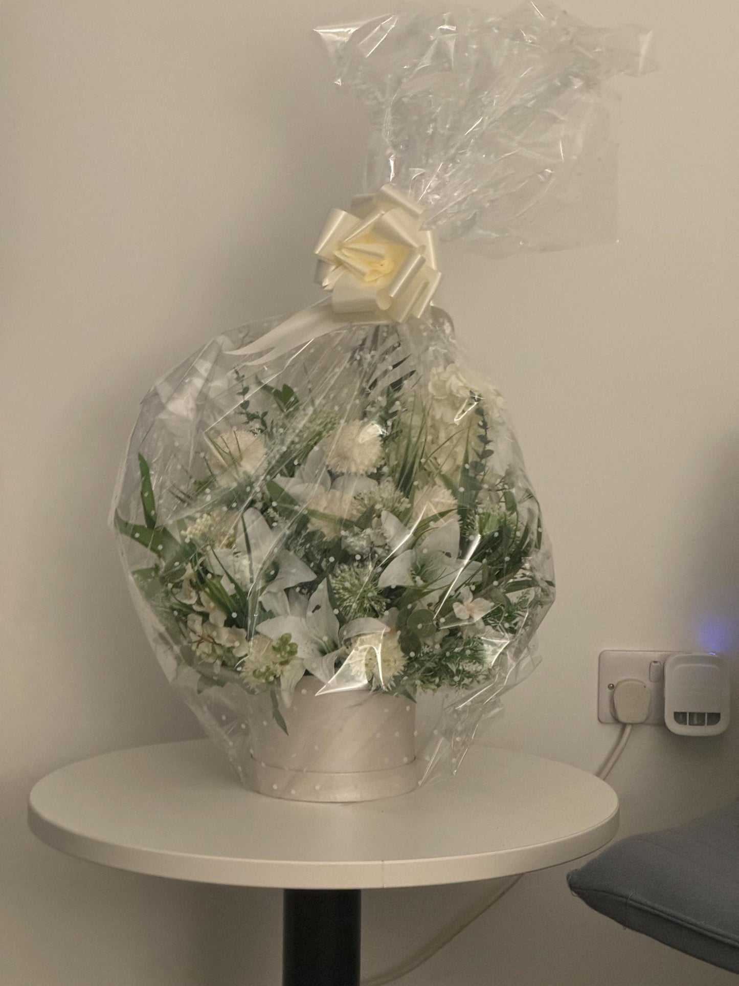 Luxury real touch white Lilly and spikey chrysanthemums with green Foliage hatbox/ floral arrangement / gift