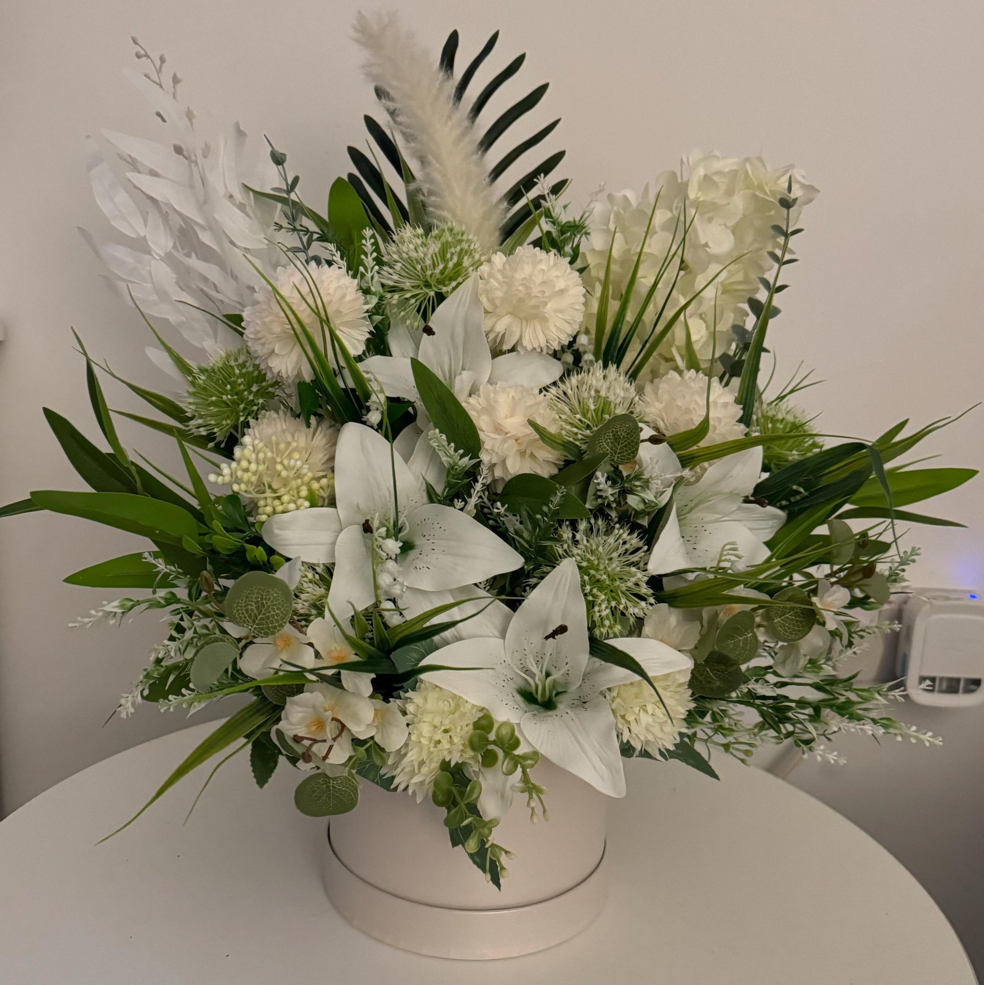 Luxury real touch white Lilly and spikey chrysanthemums with green Foliage hatbox/ floral arrangement / gift