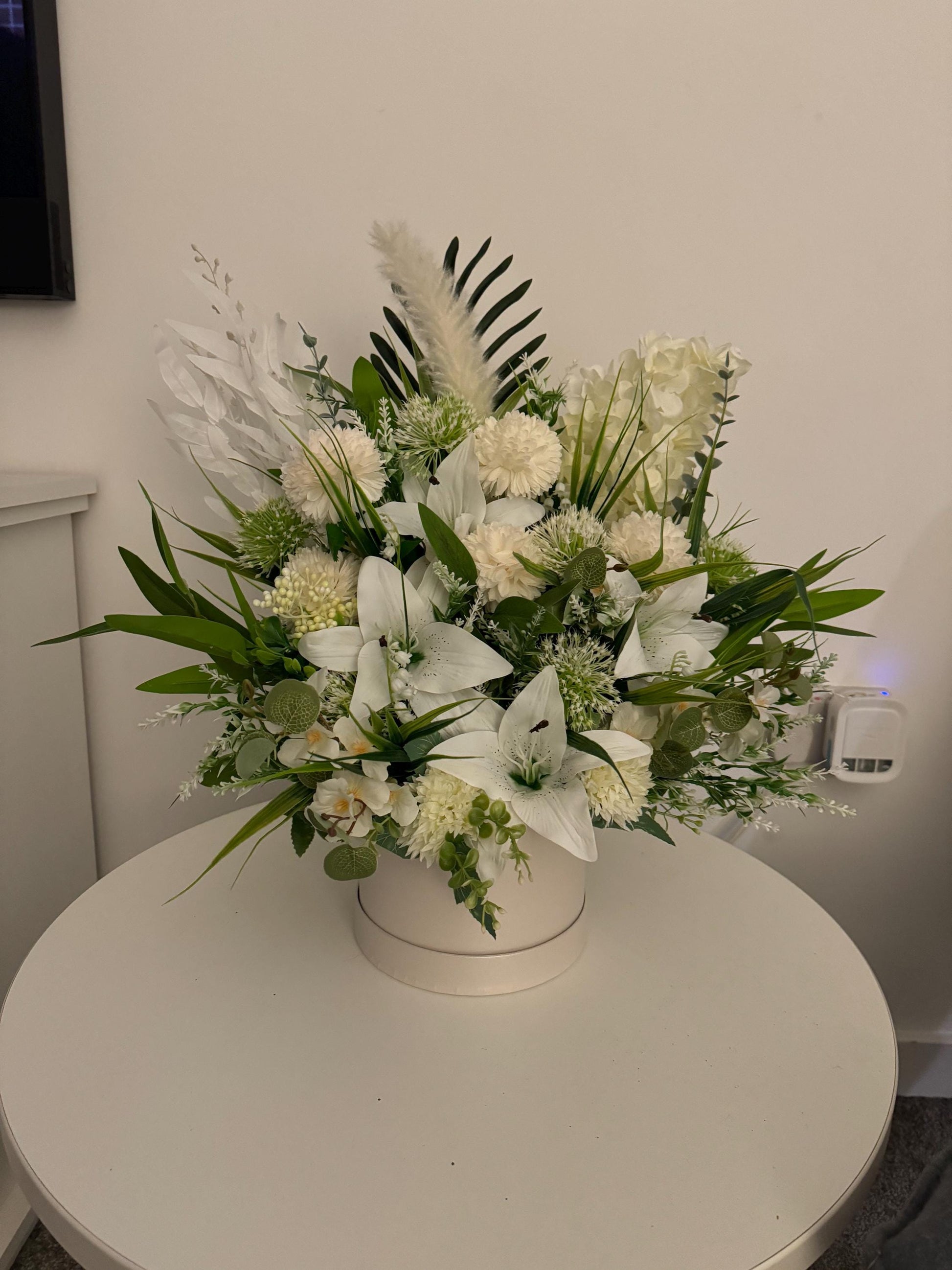 Luxury real touch white Lilly and spikey chrysanthemums with green Foliage hatbox/ floral arrangement / gift