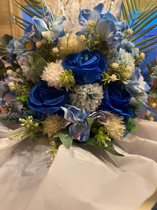 Luxury white and blue artificial grave flowers