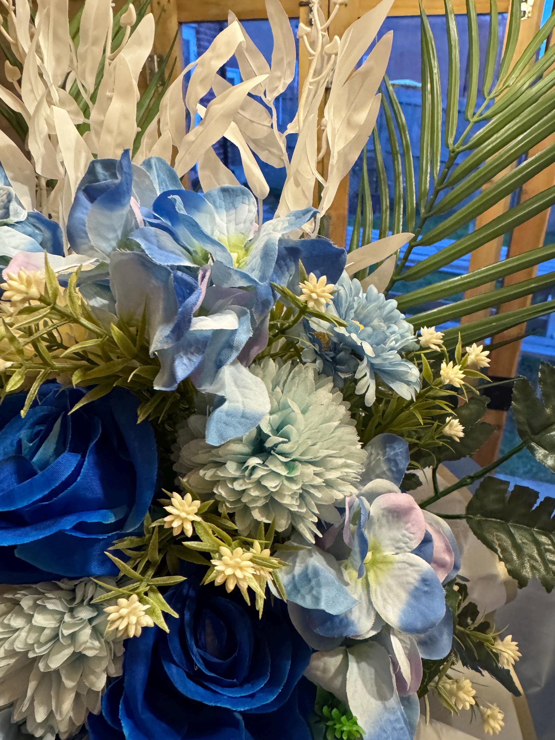 Luxury white and blue artificial grave flowers