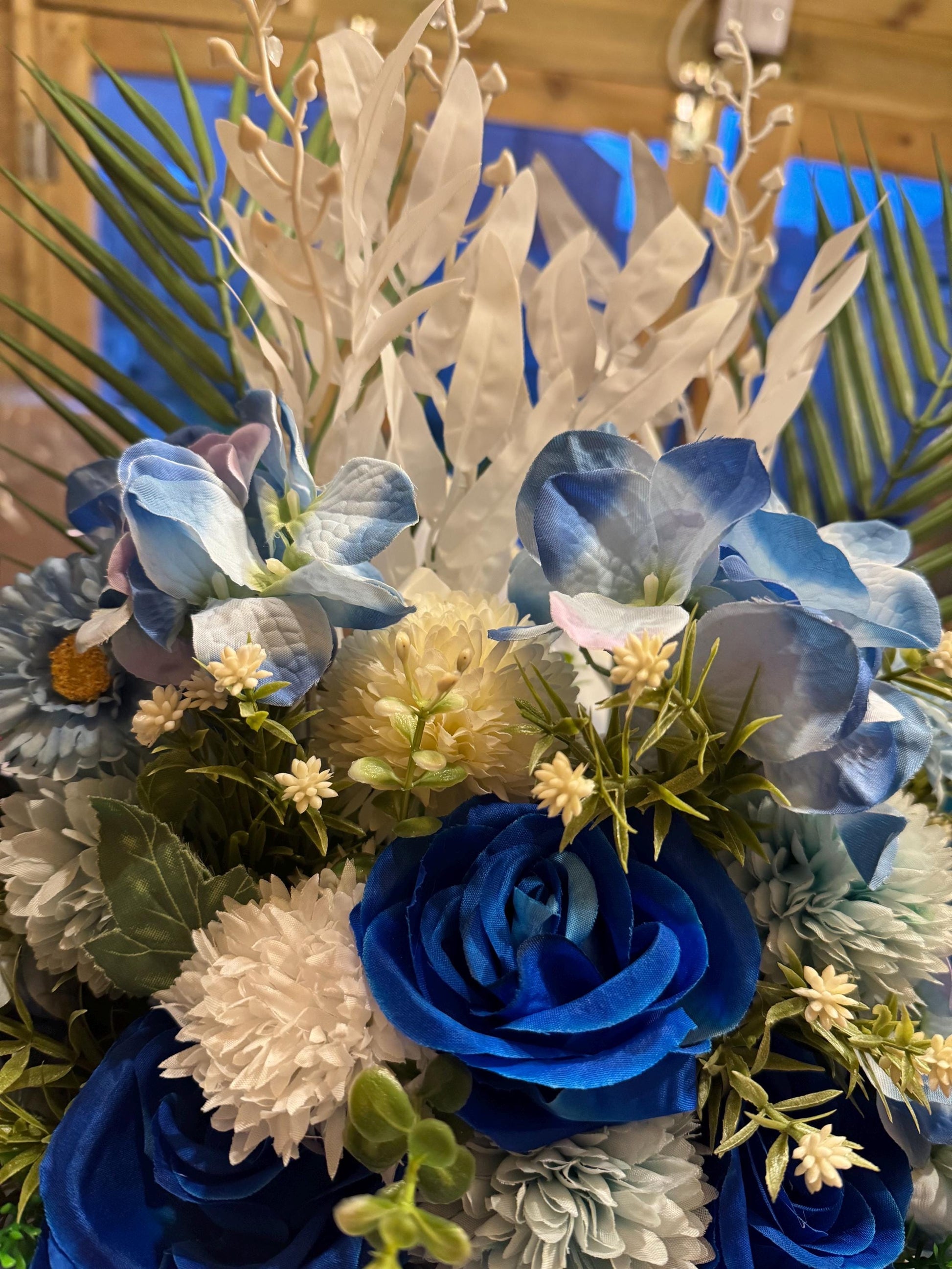 Luxury white and blue artificial grave flowers