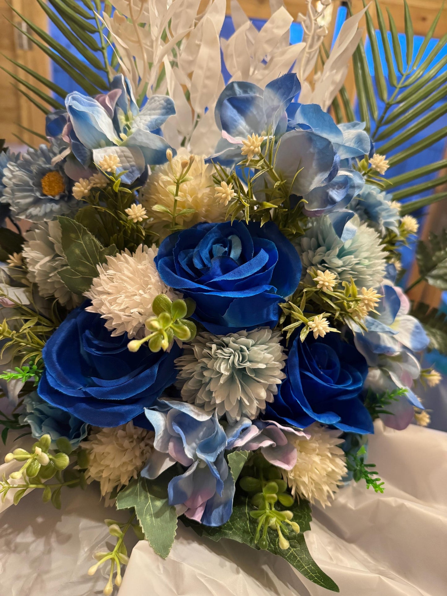 Luxury white and blue artificial grave flowers