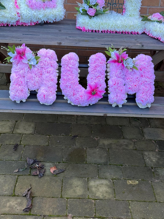 MUM Artificial Funeral Tribute Wreath Silk Grave Memorial Flowers Letters or ANY 3 Letter Name.