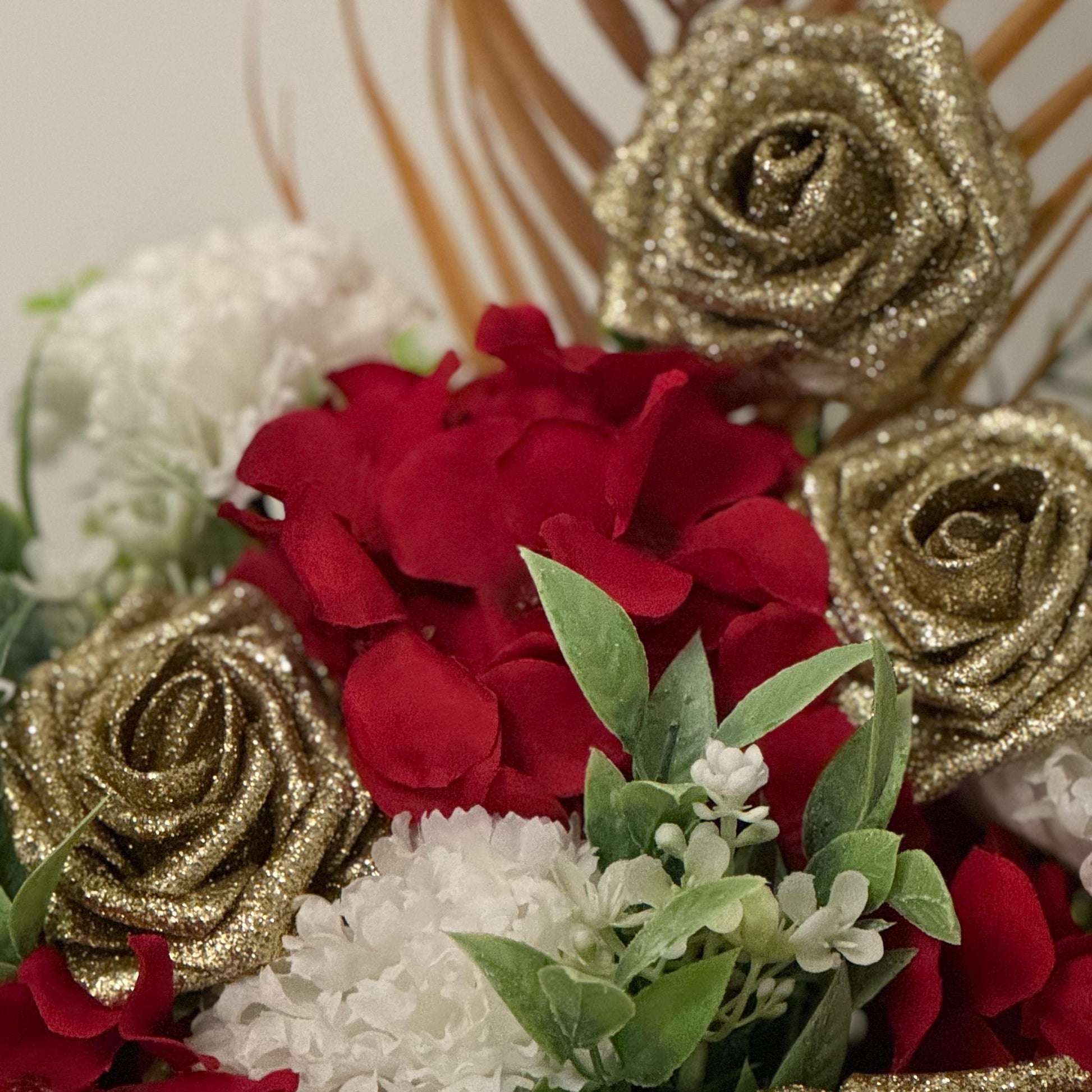 Luxury Valentines/Christmas white hat box with artificial red hydrangeas, gold glitter foam roses, ivory carnations and foliage