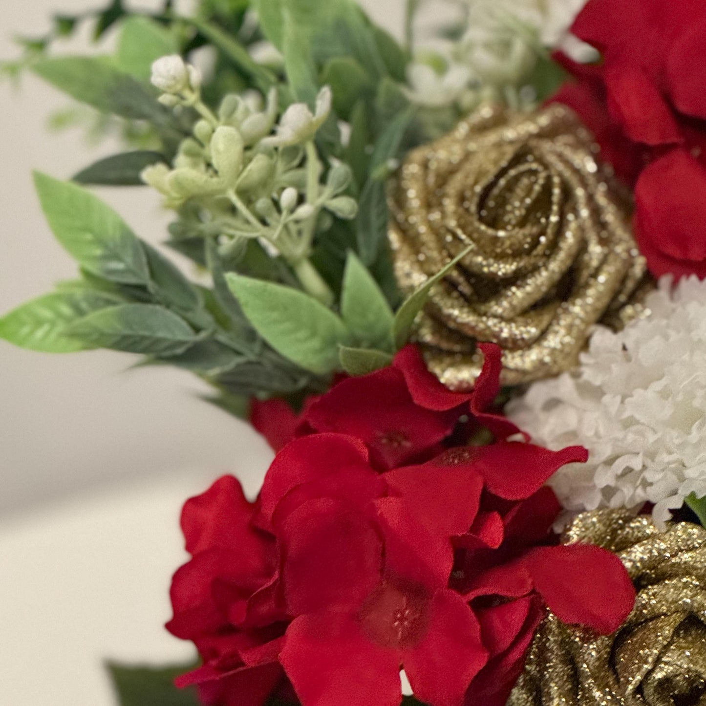 Luxury Valentines/Christmas white hat box with artificial red hydrangeas, gold glitter foam roses, ivory carnations and foliage