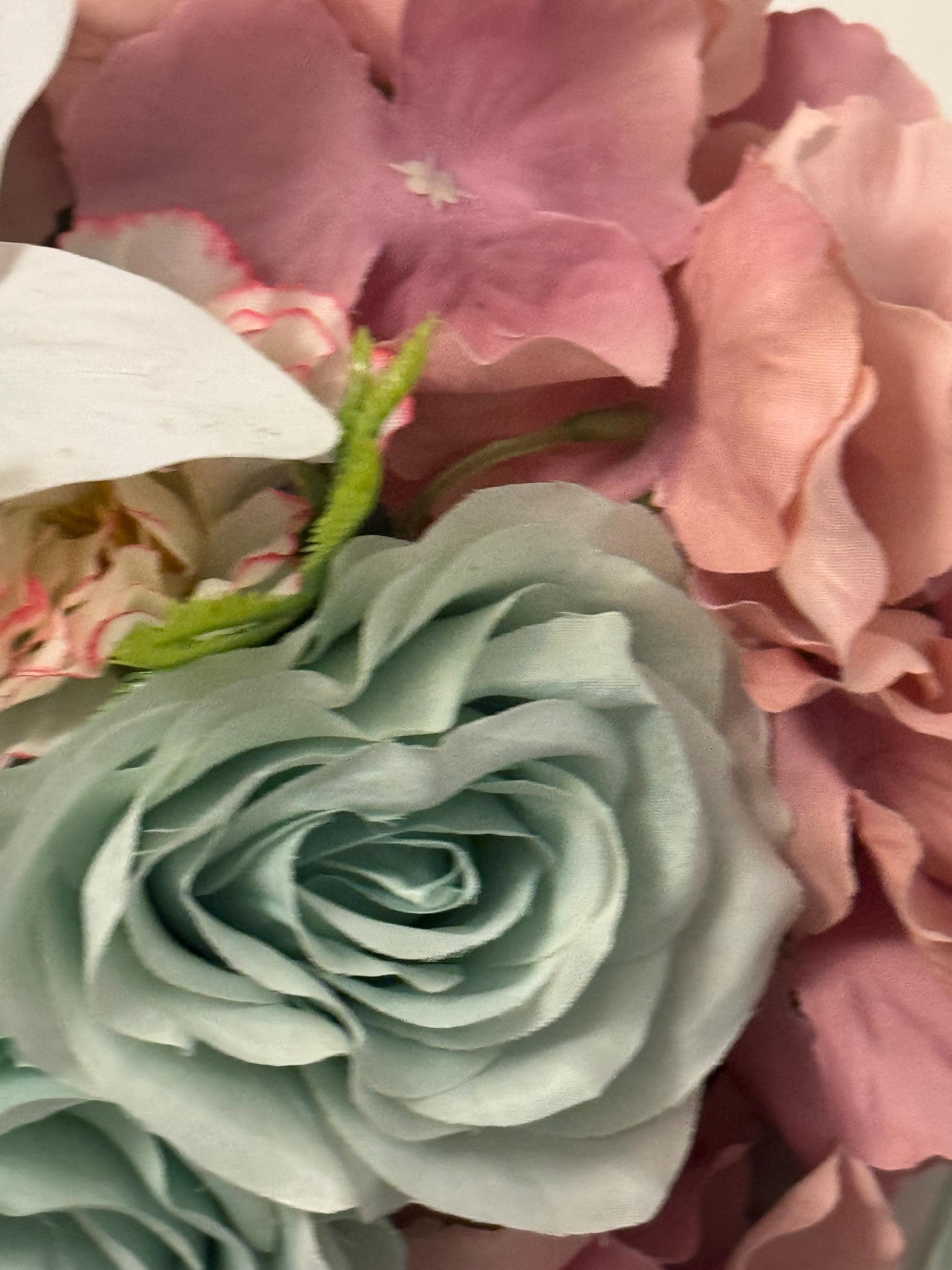 Artificial wedding bridal teardrop bouquet with blush pink hydrangeas , sage green roses and white Lilies with foliage