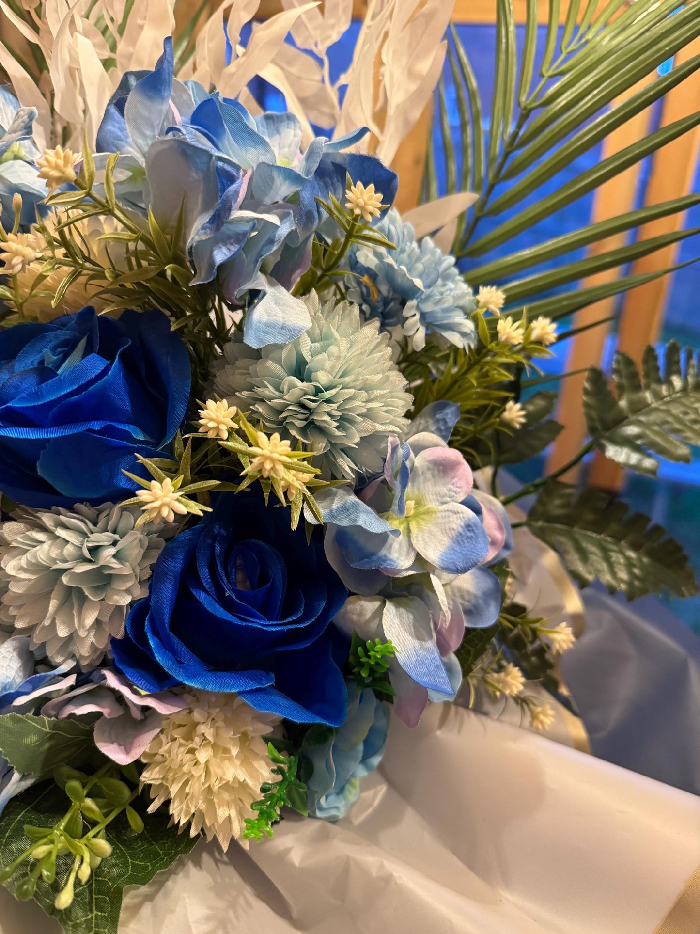 Luxury white and blue artificial grave flowers