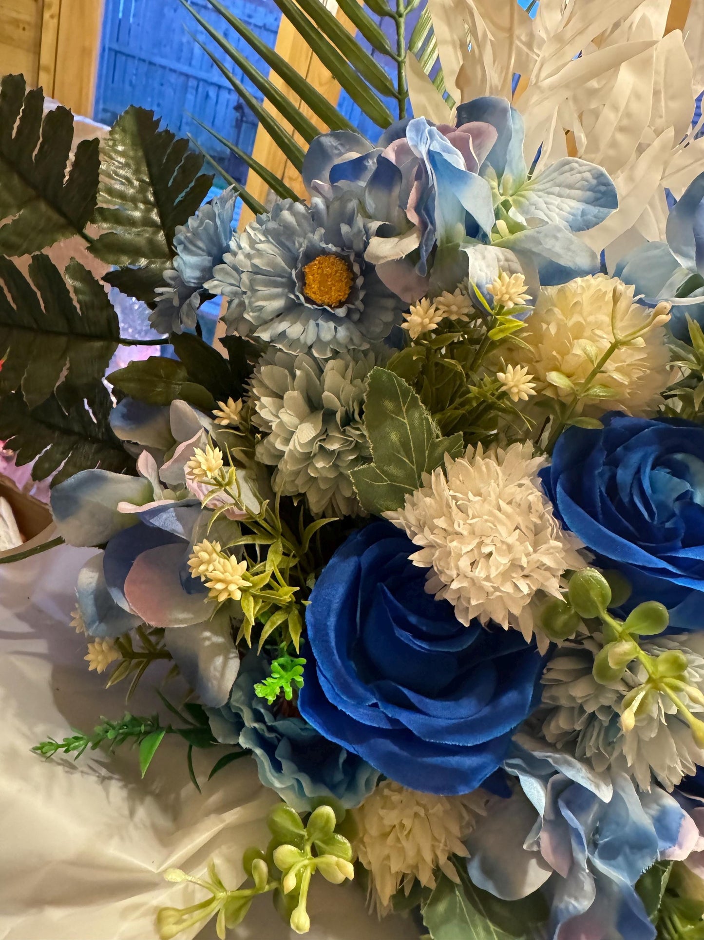 Luxury white and blue artificial grave flowers