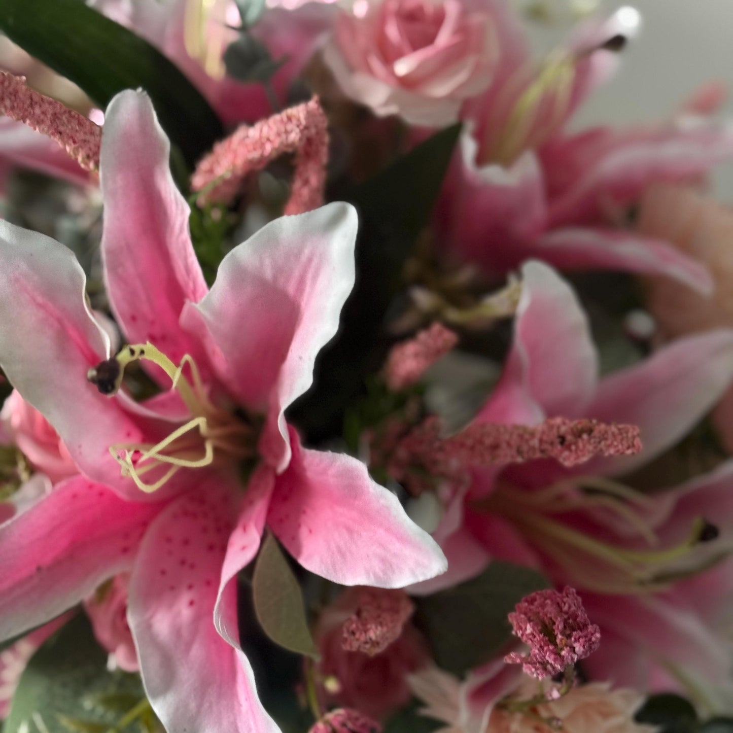 In Loving Memory Artificial Grave Spikes with pink Lillys. Ideal gift for a heavenly mothersday/ MUM/Nan/wife/gran and more