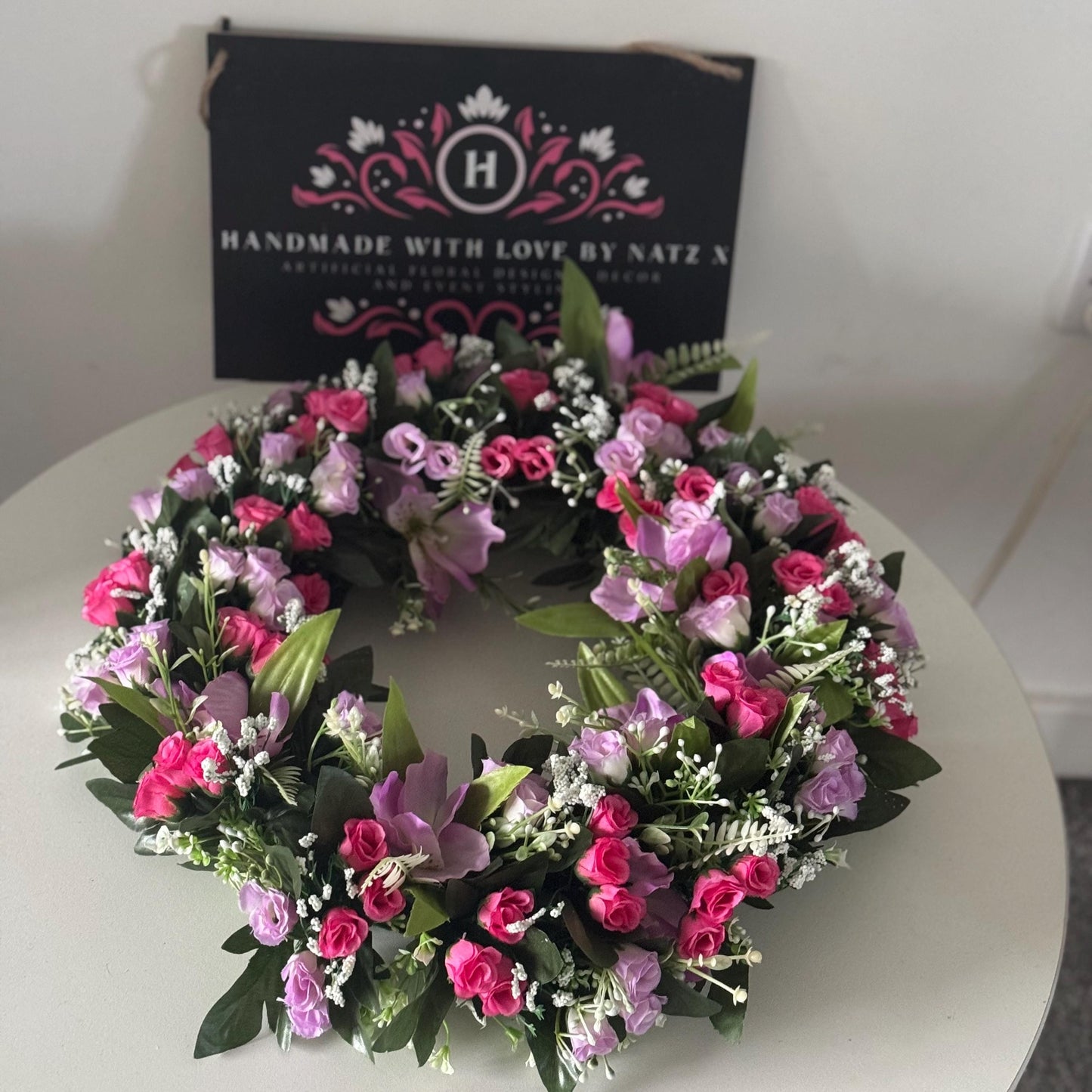 18 INCH (46cm) pink and purple rosebuds artificial flower wreath. Ideal Mothers Day gift and memorial