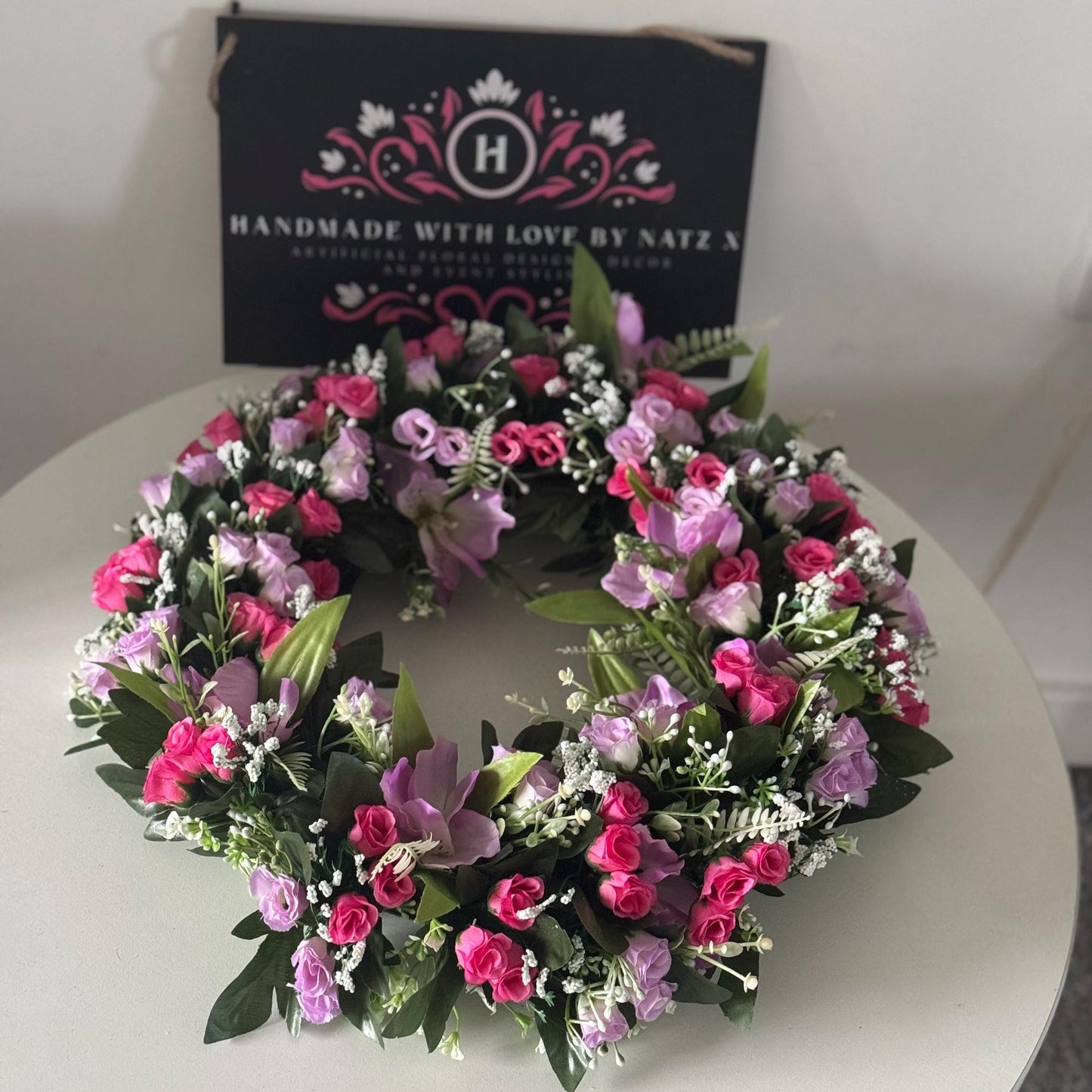 18 INCH (46cm) pink and purple rosebuds artificial flower wreath. Ideal Mothers Day gift and memorial