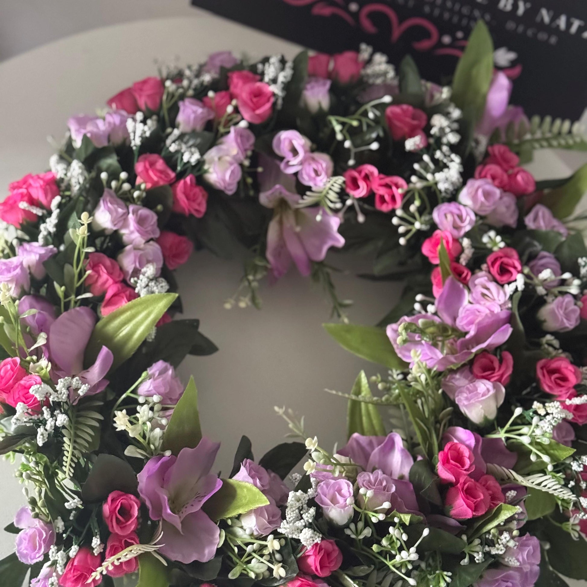 18 INCH (46cm) pink and purple rosebuds artificial flower wreath. Ideal Mothers Day gift and memorial