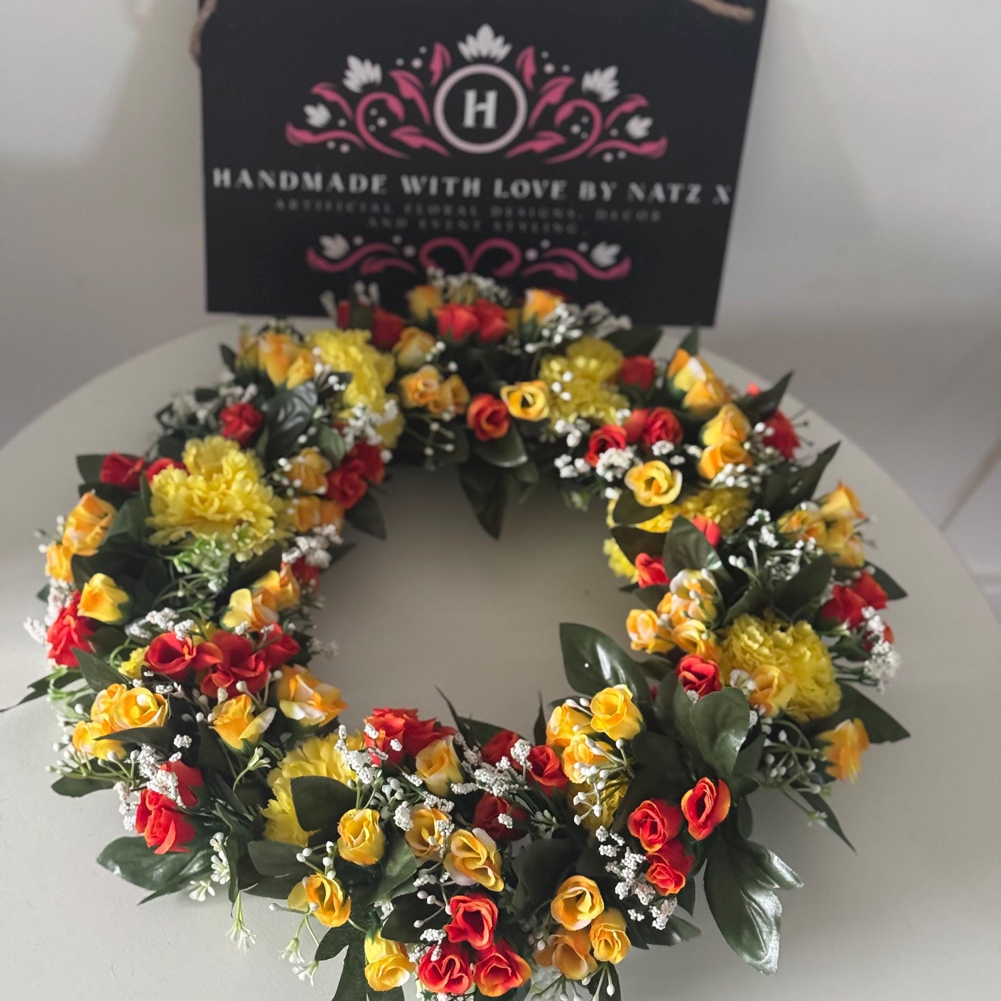 18 INCH (46cm) yellow and orange rosebuds artificial flower wreath. Ideal Mothers Day gift and memorial