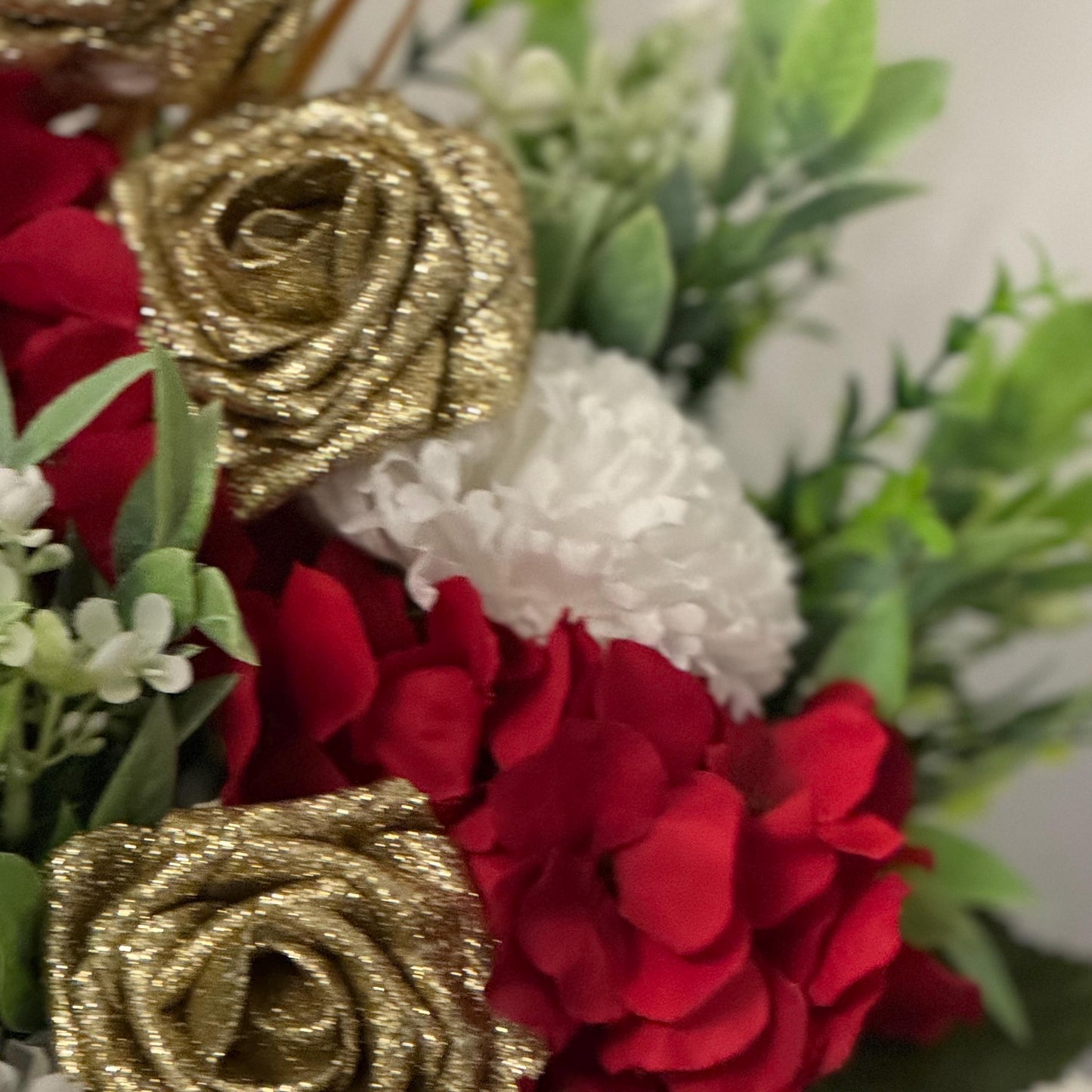 Luxury Valentines/Christmas white hat box with artificial red hydrangeas, gold glitter foam roses, ivory carnations and foliage