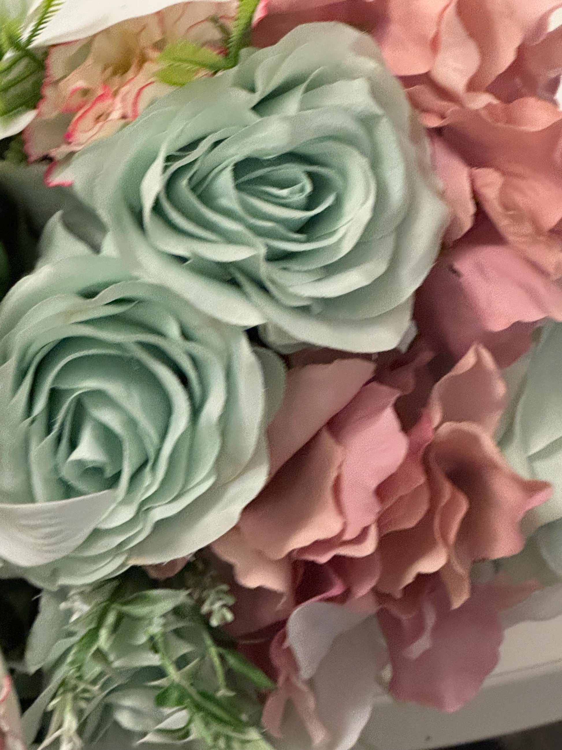 Artificial wedding bridal teardrop bouquet with blush pink hydrangeas , sage green roses and white Lilies with foliage