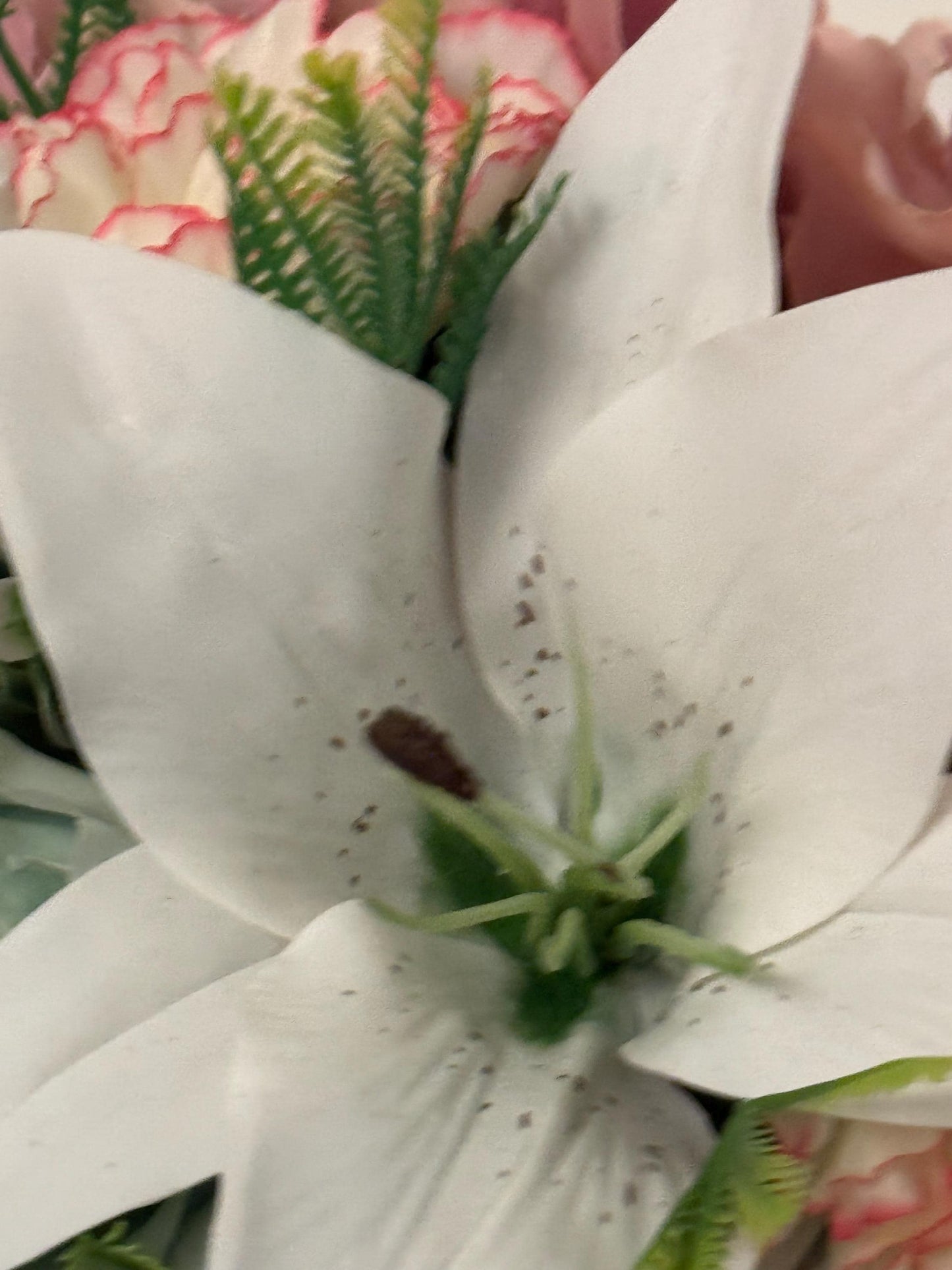 Artificial wedding bridal teardrop bouquet with blush pink hydrangeas , sage green roses and white Lilies with foliage