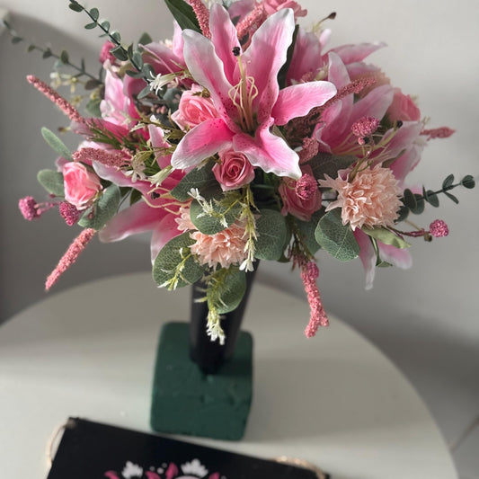 In Loving Memory Artificial Grave Spikes with pink Lillys. Ideal gift for a heavenly mothersday/ MUM/Nan/wife/gran and more