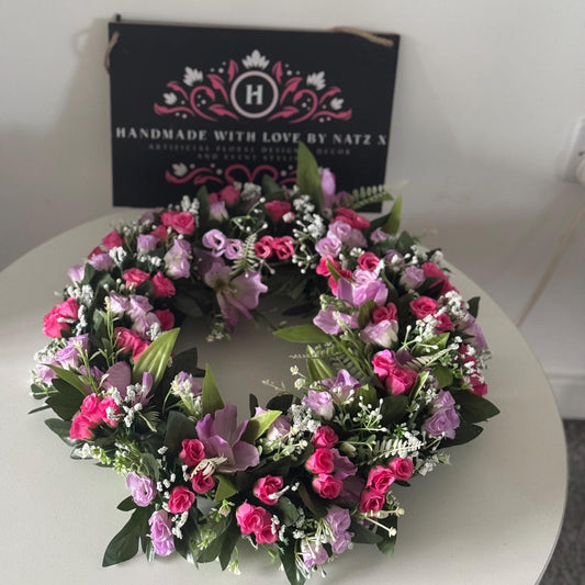 18 INCH (46cm) pink and purple rosebuds artificial flower wreath. Ideal Mothers Day gift and memorial