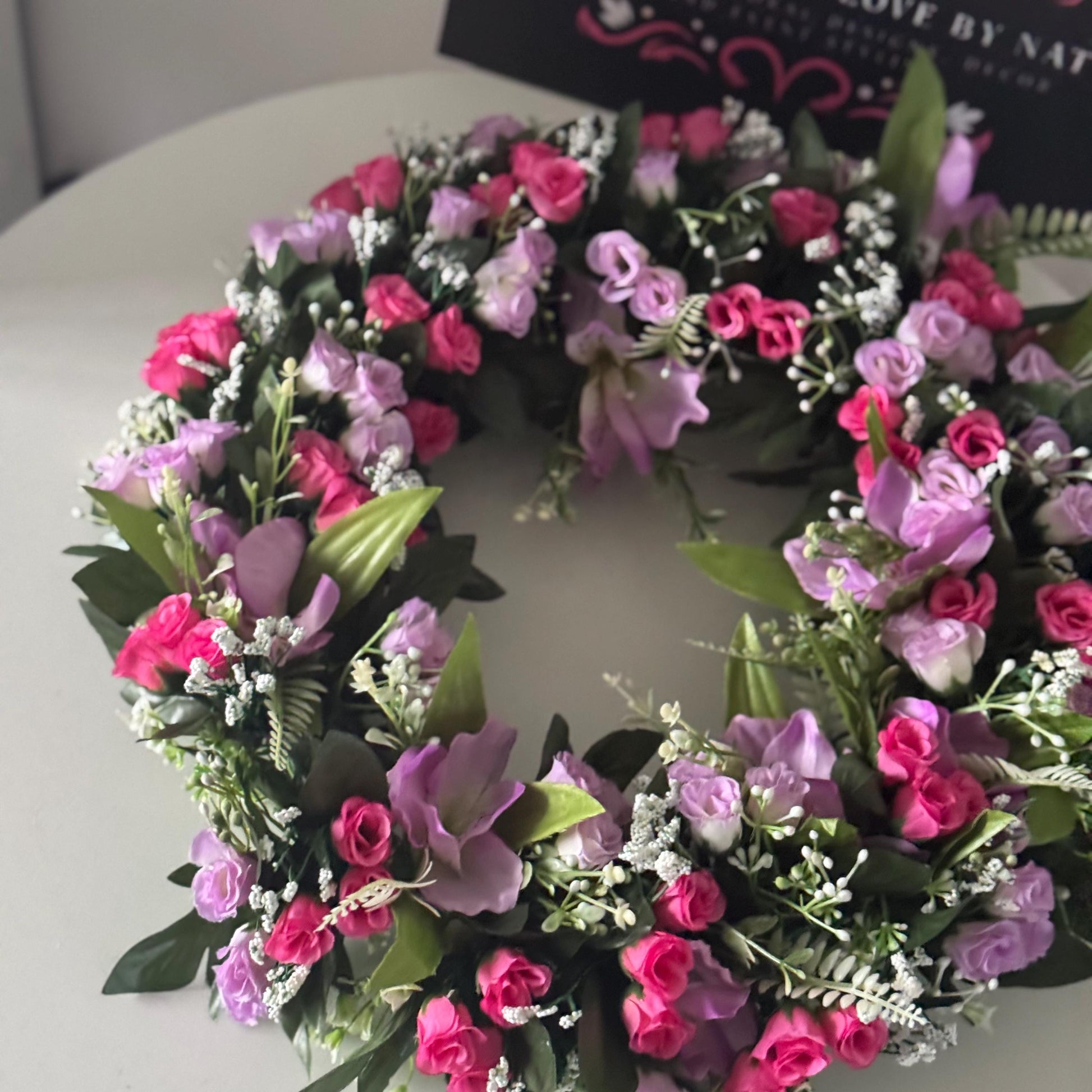 18 INCH (46cm) pink and purple rosebuds artificial flower wreath. Ideal Mothers Day gift and memorial