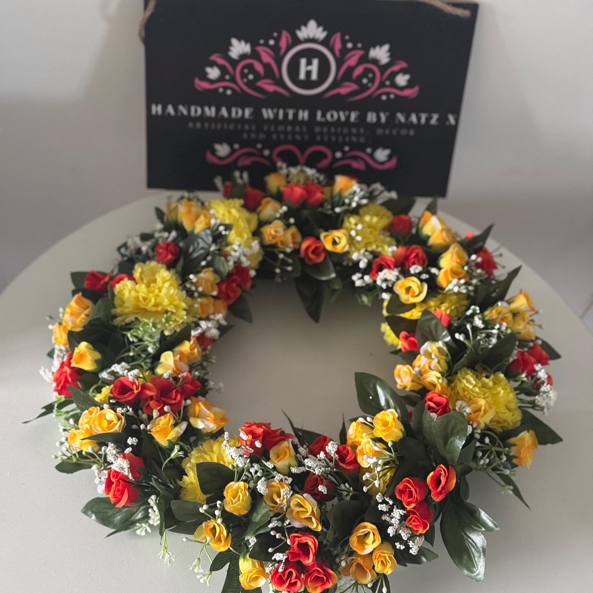 18 INCH (46cm) yellow and orange rosebuds artificial flower wreath. Ideal Mothers Day gift and memorial