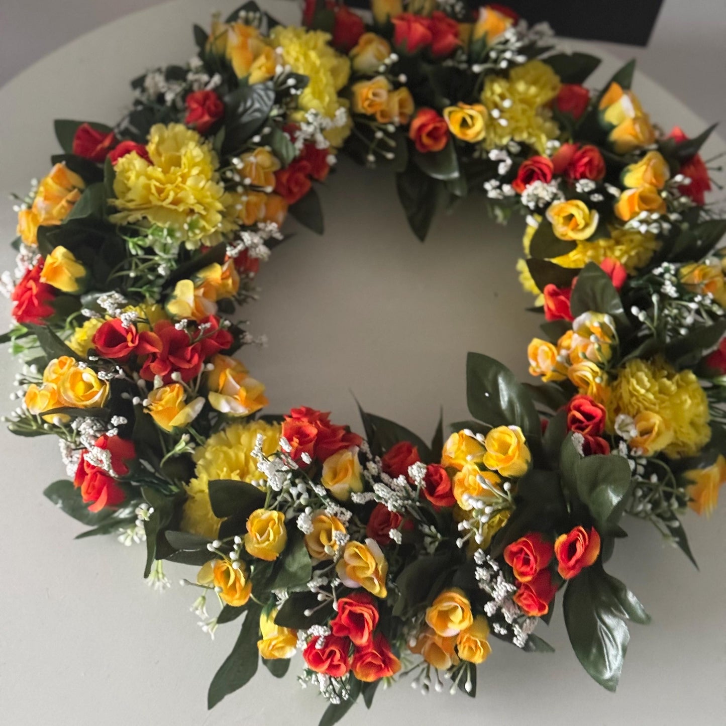 18 INCH (46cm) yellow and orange rosebuds artificial flower wreath. Ideal Mothers Day gift and memorial