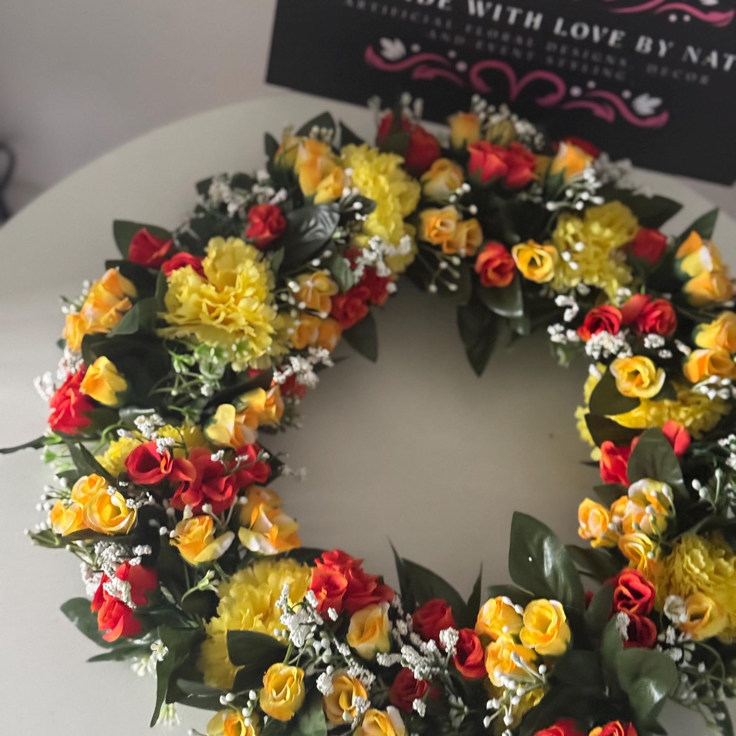 18 INCH (46cm) yellow and orange rosebuds artificial flower wreath. Ideal Mothers Day gift and memorial