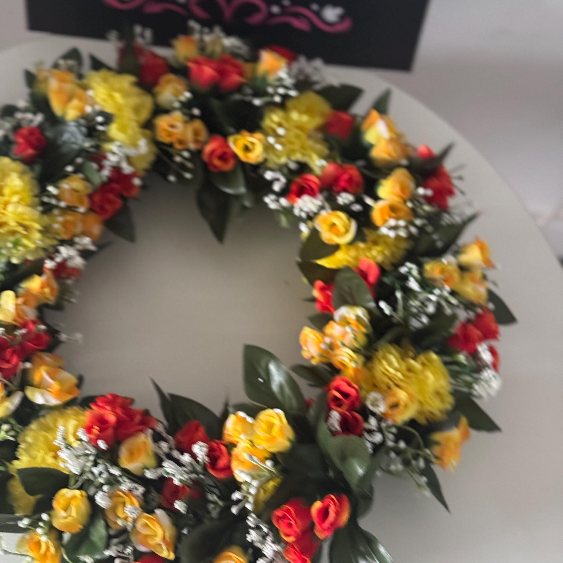 18 INCH (46cm) yellow and orange rosebuds artificial flower wreath. Ideal Mothers Day gift and memorial