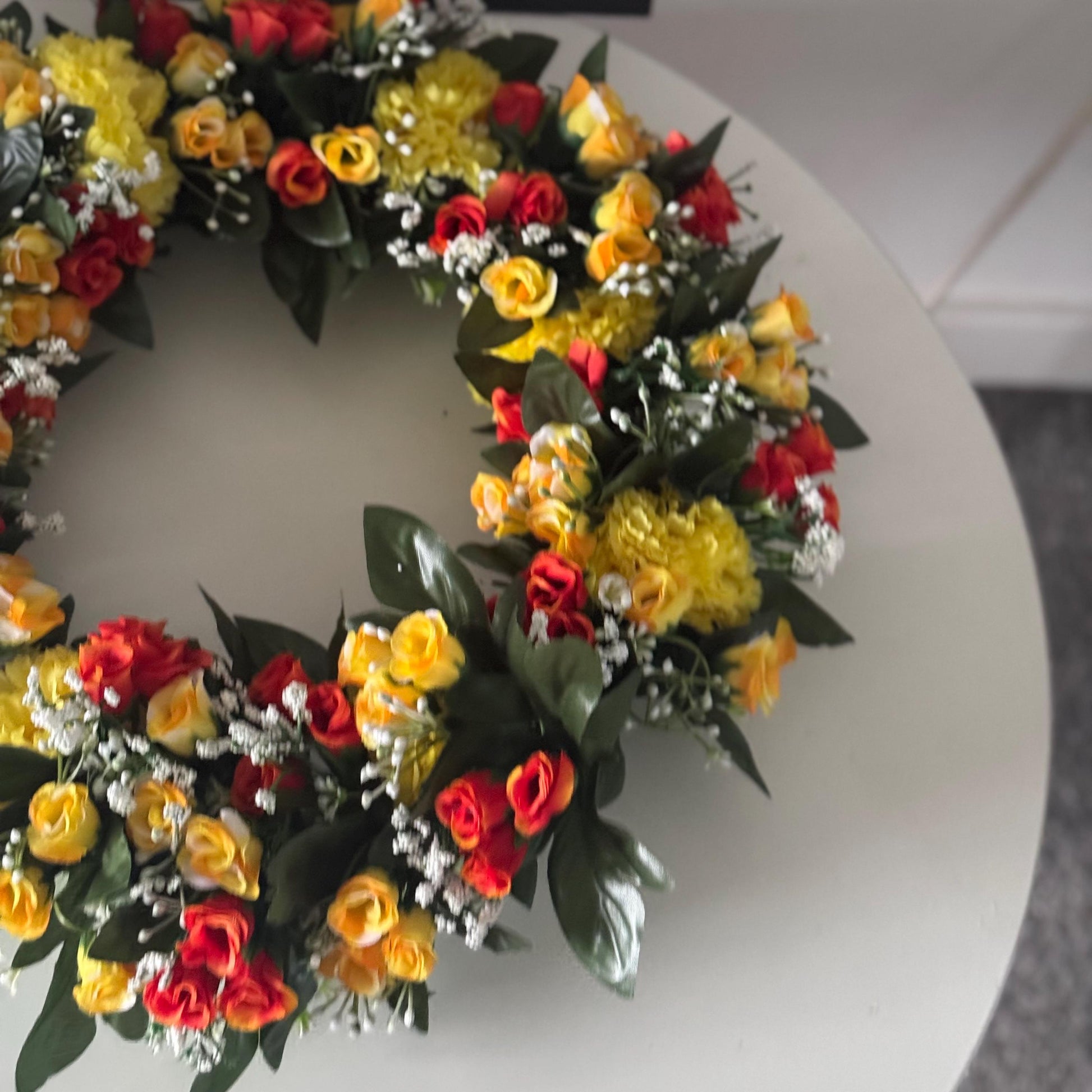 18 INCH (46cm) yellow and orange rosebuds artificial flower wreath. Ideal Mothers Day gift and memorial