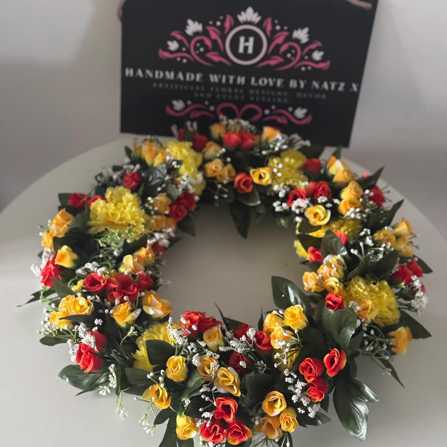 18 INCH (46cm) yellow and orange rosebuds artificial flower wreath. Ideal Mothers Day gift and memorial