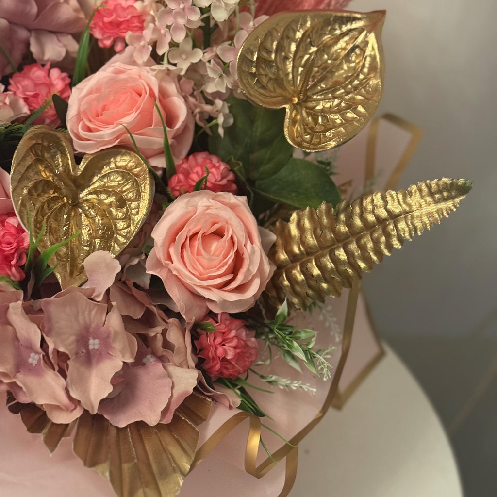 Luxury pink and gold artificial pink rose flower hat box.with green Foliage hatbox/ floral arrangement / ideal gift for Mother’s Day